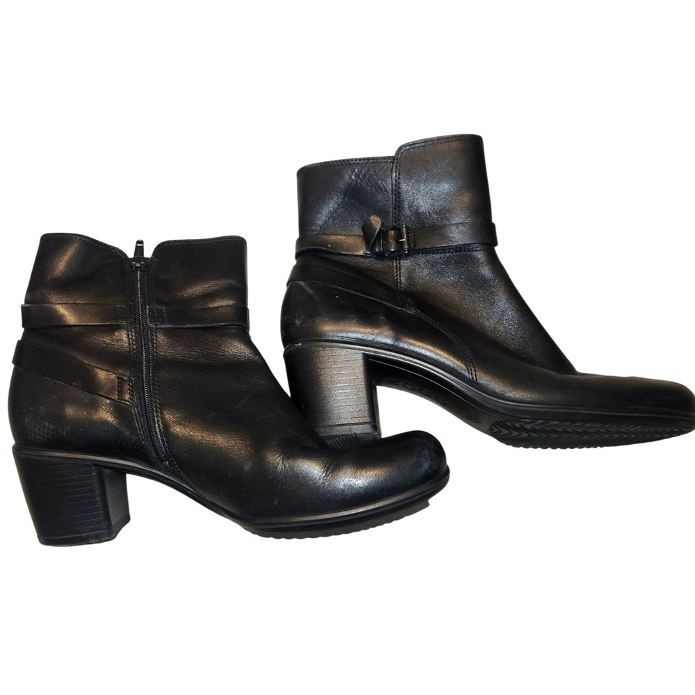 ECCO Black Leather Ankle Boots Buckle Zip Block Heel Womens Size 40 EU 9-9.5 US